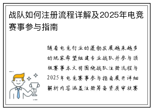 战队如何注册流程详解及2025年电竞赛事参与指南